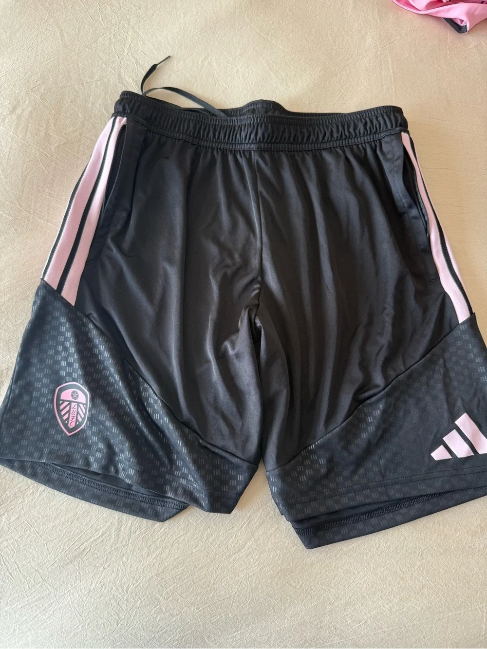 adidas Black and Pink Leeds United Soccer Training Shorts